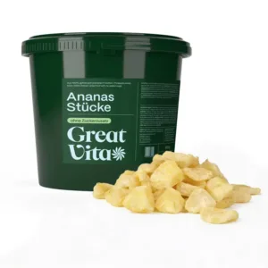 Ananas Chunks gefriergetrocknet · knusprige Vollfrucht ohne Zuckerzusatz · gefriergetrocknete Früchte · Freeze-dried pineapple chunks - GreatVita